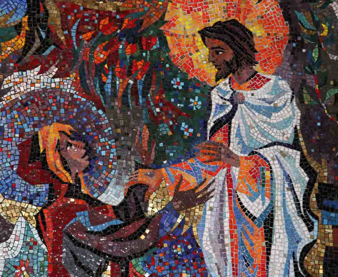 Colorful mosaic of Christ greeting a saint on their knees holding a hand of his.