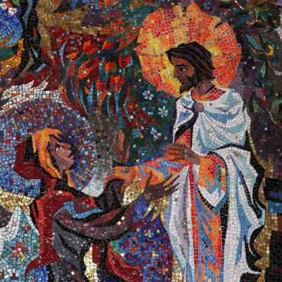 Colorful mosaic of Christ greeting a saint on their knees holding a hand of his.